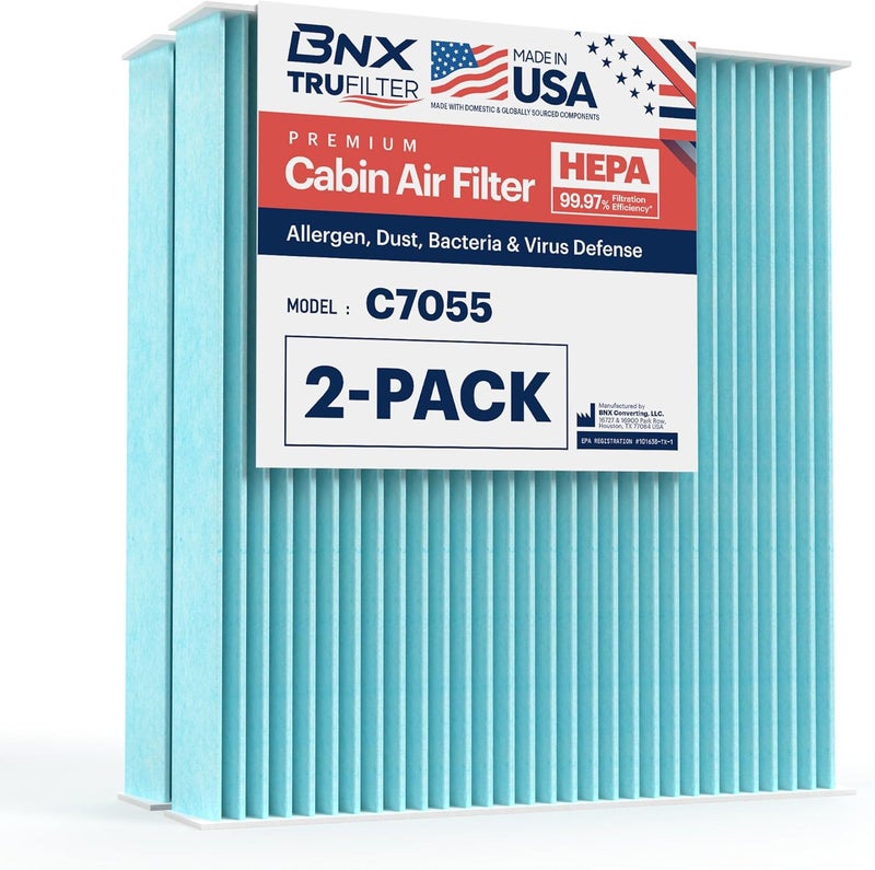BNX TruFilter Premium HEPA Cabin Air Filter (Model C7055) Compatible With Lexus: RX, GS, GX, IS, LS, ES, Toyota: Tundra, Prius, Camry, 4Runner, Sienna, Highlander,Sequoia,Subaru:Outback, Legacy 2-Pack - Image 1